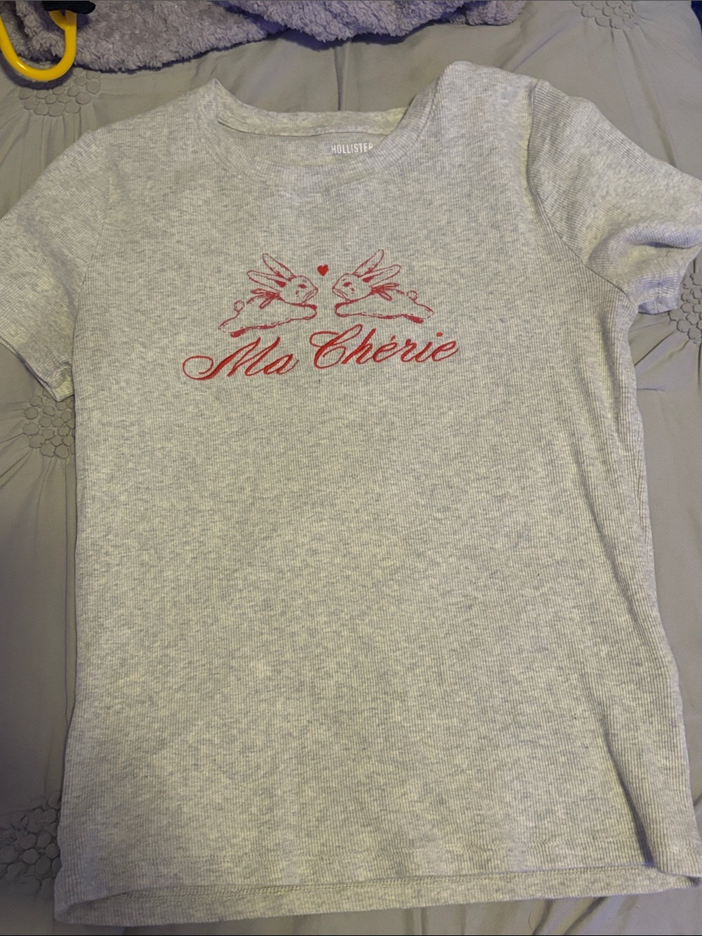 Hollister Light Gray Tee with Red 'Ma Chérie' Bunny Graphic